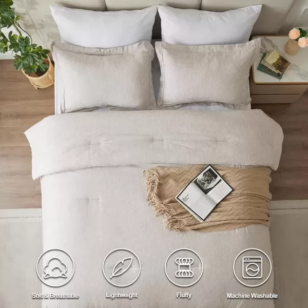 imageCozyLux Queen Comforter Set  3 Pieces Light Grey Soft Luxury Cationic Dyeing Queen Comforter for All Season Light Gray Breathable Lightweight Fluffy Bedding Sets with 1 Comforter and 2 Pillow ShamsBeige