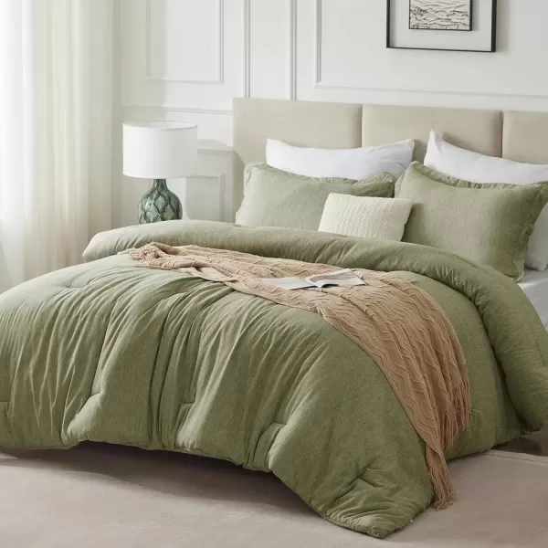 imageCozyLux Queen Comforter Set  3 Pieces Light Grey Soft Luxury Cationic Dyeing Queen Comforter for All Season Light Gray Breathable Lightweight Fluffy Bedding Sets with 1 Comforter and 2 Pillow ShamsOlive Green