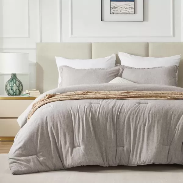 imageCozyLux Queen Comforter Set  3 Pieces Light Grey Soft Luxury Cationic Dyeing Queen Comforter for All Season Light Gray Breathable Lightweight Fluffy Bedding Sets with 1 Comforter and 2 Pillow ShamsLinen