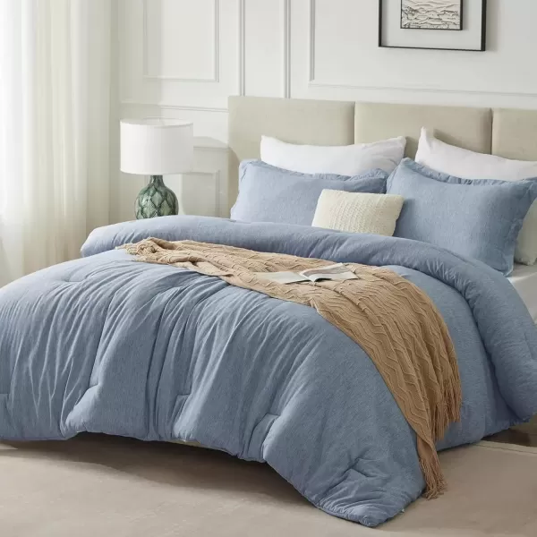 imageCozyLux Queen Comforter Set  3 Pieces Light Grey Soft Luxury Cationic Dyeing Queen Comforter for All Season Light Gray Breathable Lightweight Fluffy Bedding Sets with 1 Comforter and 2 Pillow ShamsBlue