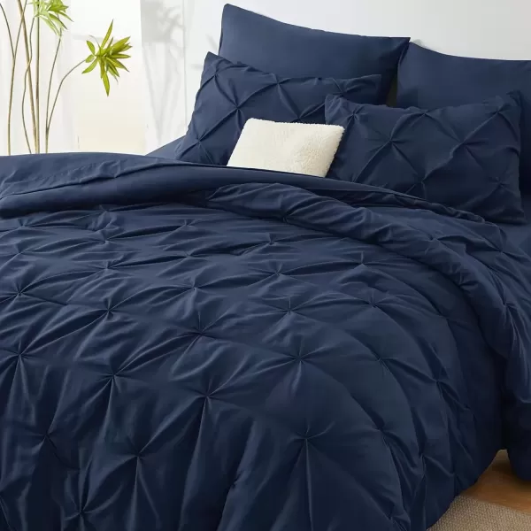 imageCozyLux Queen Comforter Set  7 Pieces Bed in A Bag Queen Black Comforters Queen Size Pintuck Pinch Pleat Complete Bedding Sets with Comforter Flat Sheet Fitted Sheet and Pillowcases ampamp ShamsNavy Blue