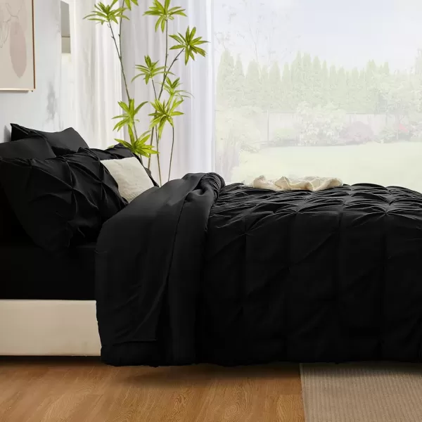 imageCozyLux Queen Comforter Set  7 Pieces Bed in A Bag Queen Black Comforters Queen Size Pintuck Pinch Pleat Complete Bedding Sets with Comforter Flat Sheet Fitted Sheet and Pillowcases ampamp ShamsBlack