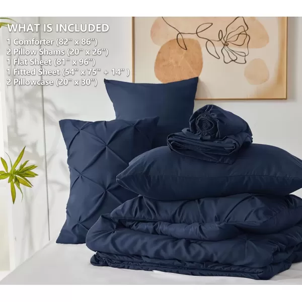 imageCozyLux Queen Comforter Set  7 Pieces Bed in A Bag Queen Black Comforters Queen Size Pintuck Pinch Pleat Complete Bedding Sets with Comforter Flat Sheet Fitted Sheet and Pillowcases ampamp ShamsNavy Blue