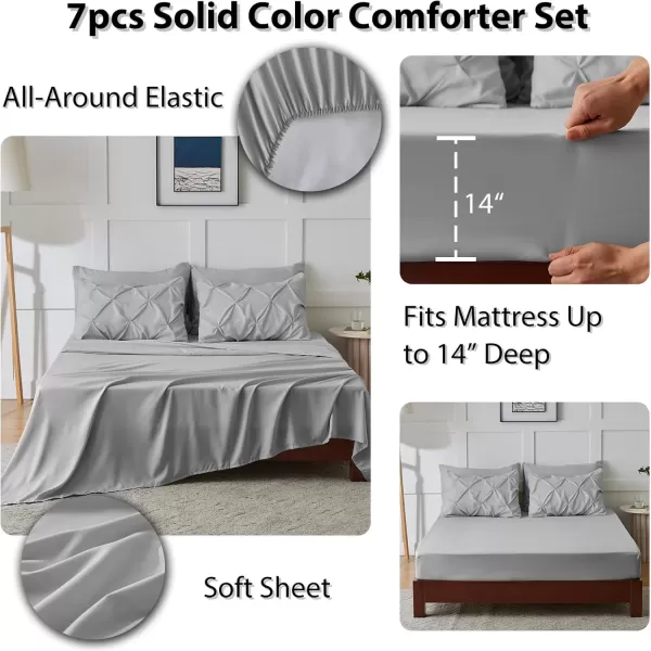 imageCozyLux Queen Comforter Set  7 Pieces Bed in A Bag Queen Black Comforters Queen Size Pintuck Pinch Pleat Complete Bedding Sets with Comforter Flat Sheet Fitted Sheet and Pillowcases ampamp ShamsLight Grey