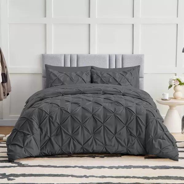 imageCozyLux Queen Comforter Set  7 Pieces Bed in A Bag Queen Black Comforters Queen Size Pintuck Pinch Pleat Complete Bedding Sets with Comforter Flat Sheet Fitted Sheet and Pillowcases ampamp ShamsDark Grey