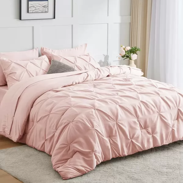 imageCozyLux Queen Comforter Set  7 Pieces Bed in A Bag Queen Black Comforters Queen Size Pintuck Pinch Pleat Complete Bedding Sets with Comforter Flat Sheet Fitted Sheet and Pillowcases ampamp ShamsBlush Pink