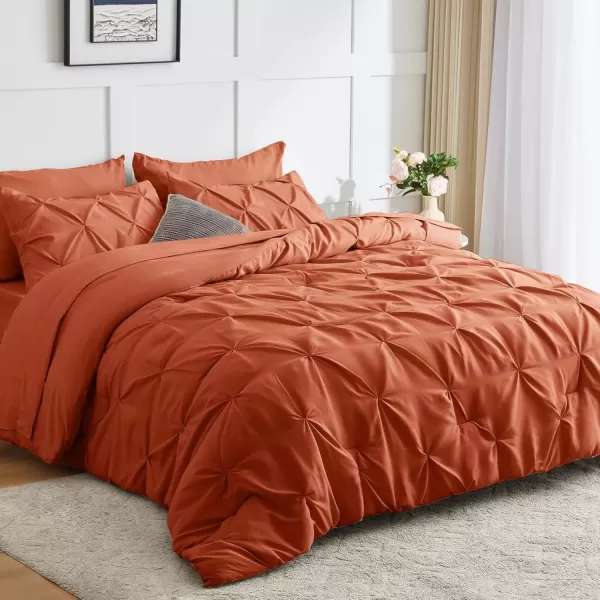 imageCozyLux Queen Comforter Set  7 Pieces Bed in A Bag Queen Black Comforters Queen Size Pintuck Pinch Pleat Complete Bedding Sets with Comforter Flat Sheet Fitted Sheet and Pillowcases ampamp ShamsBurnt Orange