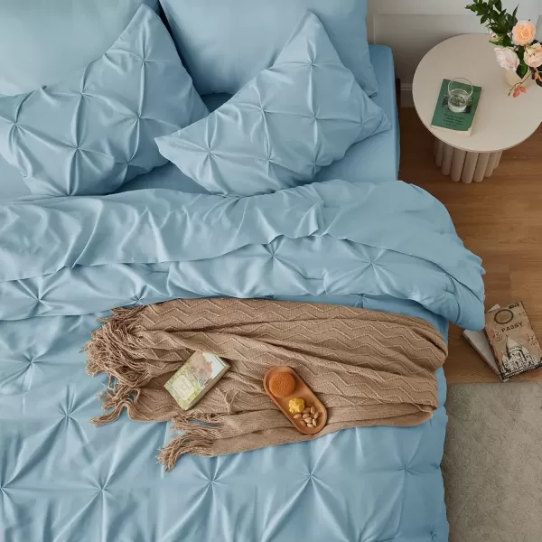 imageCozyLux Queen Comforter Set  7 Pieces Bed in A Bag Queen Black Comforters Queen Size Pintuck Pinch Pleat Complete Bedding Sets with Comforter Flat Sheet Fitted Sheet and Pillowcases ampamp ShamsLight Blue