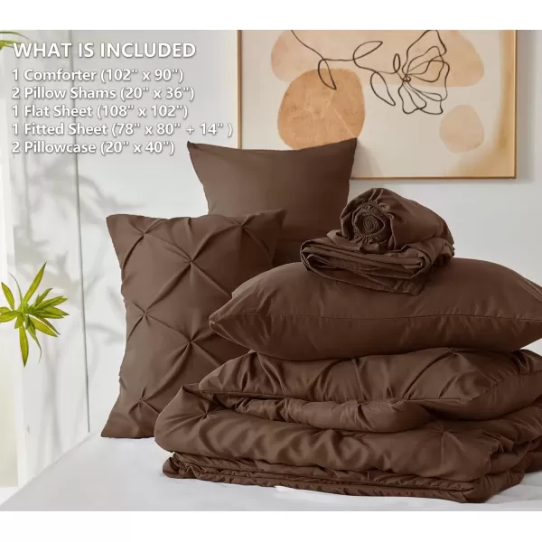 imageCozyLux Queen Comforter Set  7 Pieces Bed in A Bag Queen Black Comforters Queen Size Pintuck Pinch Pleat Complete Bedding Sets with Comforter Flat Sheet Fitted Sheet and Pillowcases ampamp ShamsBrown