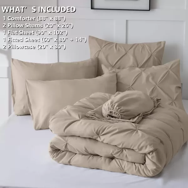 imageCozyLux Queen Comforter Set  7 Pieces Bed in A Bag Queen Black Comforters Queen Size Pintuck Pinch Pleat Complete Bedding Sets with Comforter Flat Sheet Fitted Sheet and Pillowcases ampamp ShamsOatmeal
