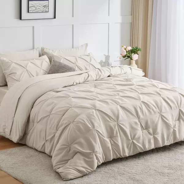 imageCozyLux Queen Comforter Set  7 Pieces Bed in A Bag Queen Black Comforters Queen Size Pintuck Pinch Pleat Complete Bedding Sets with Comforter Flat Sheet Fitted Sheet and Pillowcases ampamp ShamsBeige