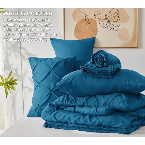 imageCozyLux Queen Comforter Set  7 Pieces Bed in A Bag Queen Black Comforters Queen Size Pintuck Pinch Pleat Complete Bedding Sets with Comforter Flat Sheet Fitted Sheet and Pillowcases ampamp ShamsTeal