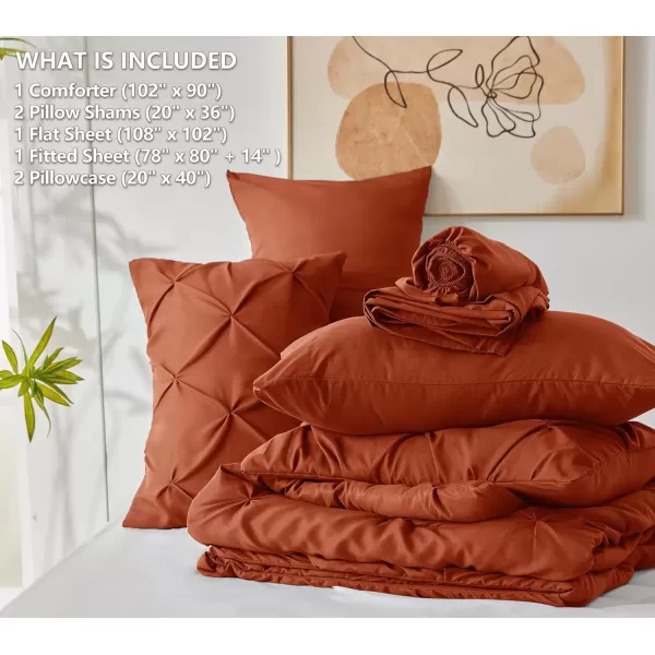 imageCozyLux Queen Comforter Set  7 Pieces Bed in A Bag Queen Black Comforters Queen Size Pintuck Pinch Pleat Complete Bedding Sets with Comforter Flat Sheet Fitted Sheet and Pillowcases ampamp ShamsBurnt Orange
