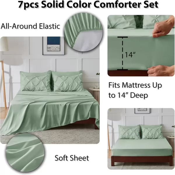imageCozyLux Queen Comforter Set  7 Pieces Bed in A Bag Queen Black Comforters Queen Size Pintuck Pinch Pleat Complete Bedding Sets with Comforter Flat Sheet Fitted Sheet and Pillowcases ampamp ShamsSage Green