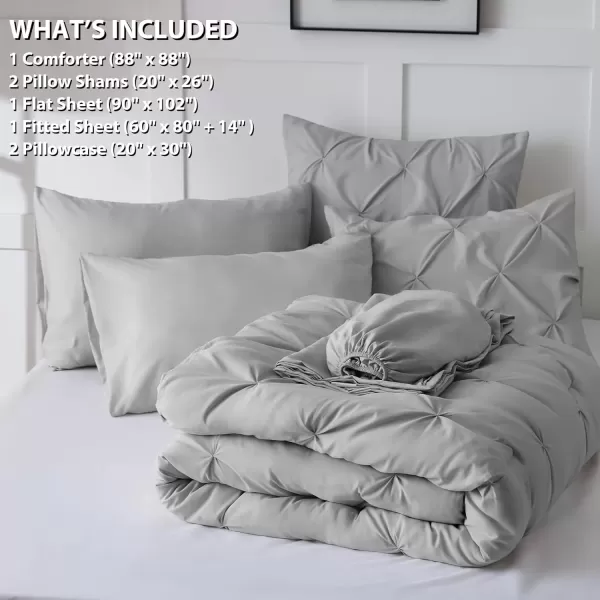imageCozyLux Queen Comforter Set  7 Pieces Bed in A Bag Queen Black Comforters Queen Size Pintuck Pinch Pleat Complete Bedding Sets with Comforter Flat Sheet Fitted Sheet and Pillowcases ampamp ShamsLight Grey