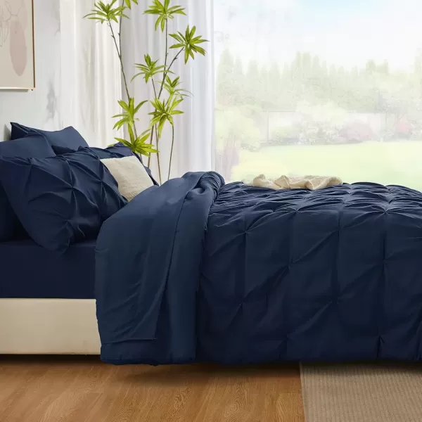 imageCozyLux Queen Comforter Set  7 Pieces Bed in A Bag Queen Black Comforters Queen Size Pintuck Pinch Pleat Complete Bedding Sets with Comforter Flat Sheet Fitted Sheet and Pillowcases ampamp ShamsNavy Blue
