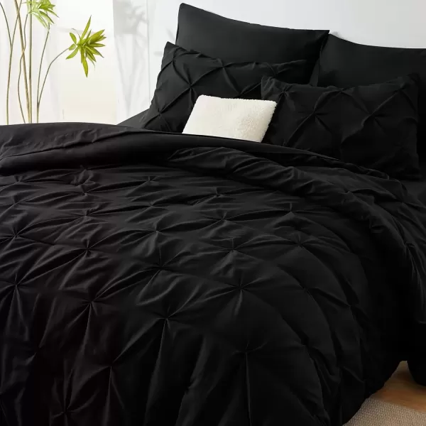 imageCozyLux Queen Comforter Set  7 Pieces Bed in A Bag Queen Black Comforters Queen Size Pintuck Pinch Pleat Complete Bedding Sets with Comforter Flat Sheet Fitted Sheet and Pillowcases ampamp ShamsBlack