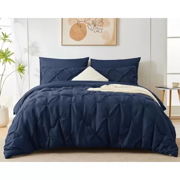 imageCozyLux Queen Comforter Set  7 Pieces Bed in A Bag Queen Black Comforters Queen Size Pintuck Pinch Pleat Complete Bedding Sets with Comforter Flat Sheet Fitted Sheet and Pillowcases ampamp ShamsNavy Blue