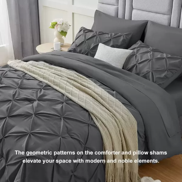 imageCozyLux Queen Comforter Set  7 Pieces Bed in A Bag Queen Black Comforters Queen Size Pintuck Pinch Pleat Complete Bedding Sets with Comforter Flat Sheet Fitted Sheet and Pillowcases ampamp ShamsDark Grey