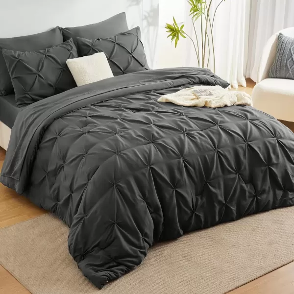imageCozyLux Queen Comforter Set  7 Pieces Bed in A Bag Queen Black Comforters Queen Size Pintuck Pinch Pleat Complete Bedding Sets with Comforter Flat Sheet Fitted Sheet and Pillowcases ampamp ShamsDark Grey