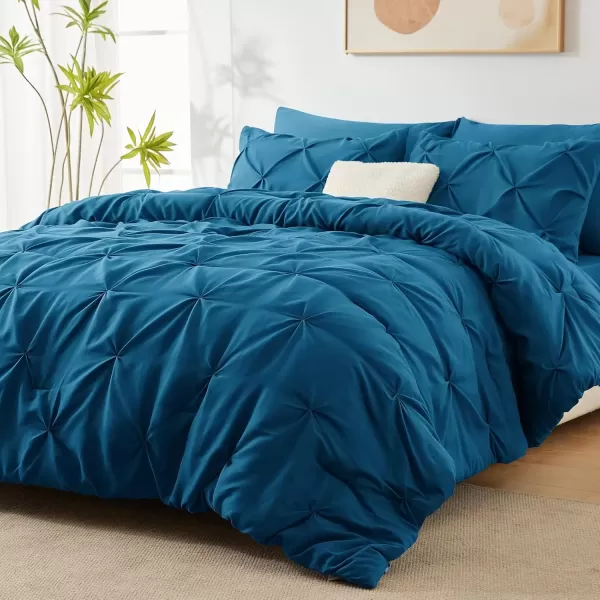 imageCozyLux Queen Comforter Set  7 Pieces Bed in A Bag Queen Black Comforters Queen Size Pintuck Pinch Pleat Complete Bedding Sets with Comforter Flat Sheet Fitted Sheet and Pillowcases ampamp ShamsTeal