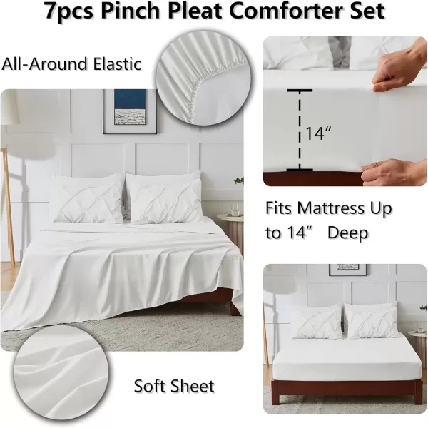 imageCozyLux Queen Comforter Set  7 Pieces Bed in A Bag Queen Black Comforters Queen Size Pintuck Pinch Pleat Complete Bedding Sets with Comforter Flat Sheet Fitted Sheet and Pillowcases ampamp ShamsIvory