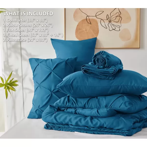 imageCozyLux Queen Comforter Set  7 Pieces Bed in A Bag Queen Black Comforters Queen Size Pintuck Pinch Pleat Complete Bedding Sets with Comforter Flat Sheet Fitted Sheet and Pillowcases ampamp ShamsTeal