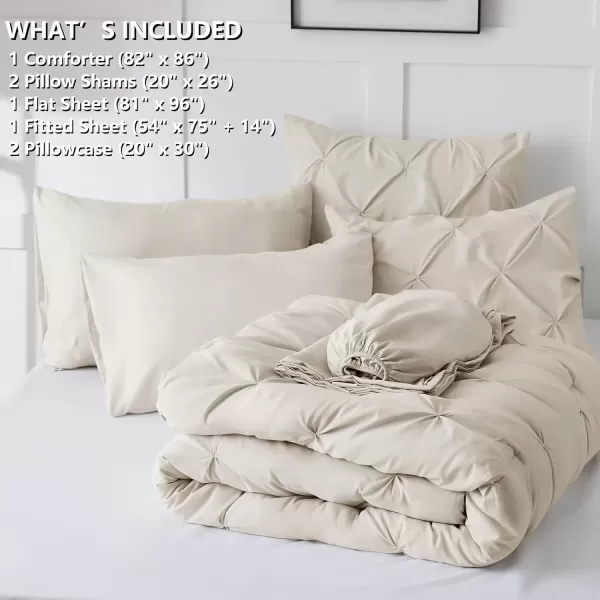 imageCozyLux Queen Comforter Set  7 Pieces Bed in A Bag Queen Black Comforters Queen Size Pintuck Pinch Pleat Complete Bedding Sets with Comforter Flat Sheet Fitted Sheet and Pillowcases ampamp ShamsBeige