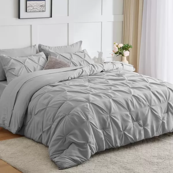 imageCozyLux Queen Comforter Set  7 Pieces Bed in A Bag Queen Black Comforters Queen Size Pintuck Pinch Pleat Complete Bedding Sets with Comforter Flat Sheet Fitted Sheet and Pillowcases ampamp ShamsLight Grey