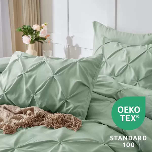 imageCozyLux Queen Comforter Set  7 Pieces Bed in A Bag Queen Black Comforters Queen Size Pintuck Pinch Pleat Complete Bedding Sets with Comforter Flat Sheet Fitted Sheet and Pillowcases ampamp ShamsSage Green