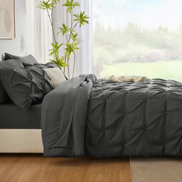 imageCozyLux Queen Comforter Set  7 Pieces Bed in A Bag Queen Black Comforters Queen Size Pintuck Pinch Pleat Complete Bedding Sets with Comforter Flat Sheet Fitted Sheet and Pillowcases ampamp ShamsDark Grey