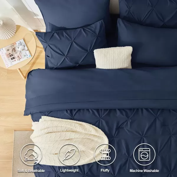 imageCozyLux Queen Comforter Set  7 Pieces Bed in A Bag Queen Black Comforters Queen Size Pintuck Pinch Pleat Complete Bedding Sets with Comforter Flat Sheet Fitted Sheet and Pillowcases ampamp ShamsNavy Blue