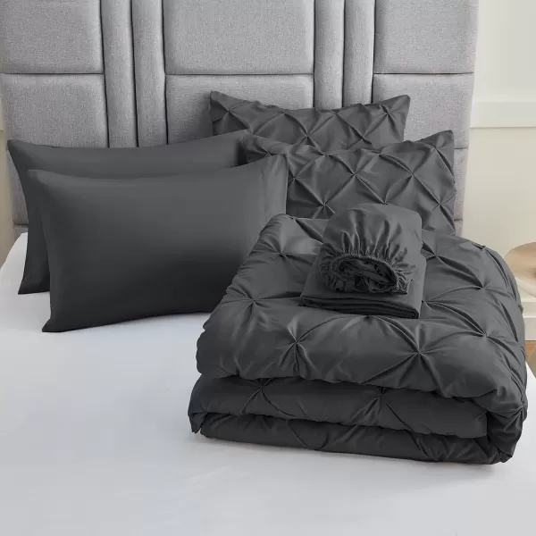 imageCozyLux Queen Comforter Set  7 Pieces Bed in A Bag Queen Black Comforters Queen Size Pintuck Pinch Pleat Complete Bedding Sets with Comforter Flat Sheet Fitted Sheet and Pillowcases ampamp ShamsDark Grey