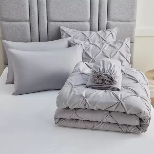 imageCozyLux Queen Comforter Set  7 Pieces Bed in A Bag Queen Black Comforters Queen Size Pintuck Pinch Pleat Complete Bedding Sets with Comforter Flat Sheet Fitted Sheet and Pillowcases ampamp ShamsLight Grey