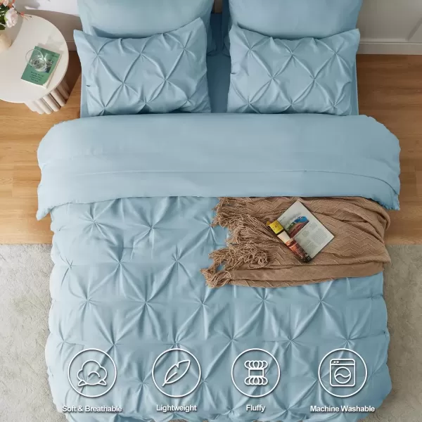 imageCozyLux Queen Comforter Set  7 Pieces Bed in A Bag Queen Black Comforters Queen Size Pintuck Pinch Pleat Complete Bedding Sets with Comforter Flat Sheet Fitted Sheet and Pillowcases ampamp ShamsLight Blue