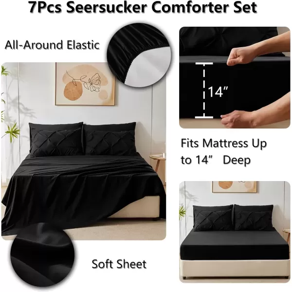 imageCozyLux Queen Comforter Set  7 Pieces Bed in A Bag Queen Black Comforters Queen Size Pintuck Pinch Pleat Complete Bedding Sets with Comforter Flat Sheet Fitted Sheet and Pillowcases ampamp ShamsBlack