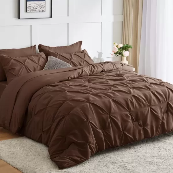 imageCozyLux Queen Comforter Set  7 Pieces Bed in A Bag Queen Black Comforters Queen Size Pintuck Pinch Pleat Complete Bedding Sets with Comforter Flat Sheet Fitted Sheet and Pillowcases ampamp ShamsBrown