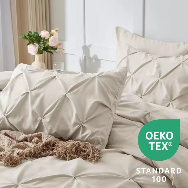imageCozyLux Queen Comforter Set  7 Pieces Bed in A Bag Queen Black Comforters Queen Size Pintuck Pinch Pleat Complete Bedding Sets with Comforter Flat Sheet Fitted Sheet and Pillowcases ampamp ShamsBeige