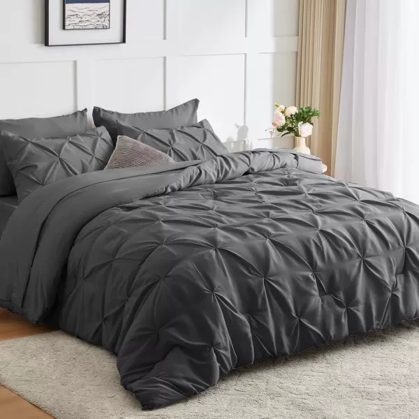 imageCozyLux Queen Comforter Set  7 Pieces Bed in A Bag Queen Black Comforters Queen Size Pintuck Pinch Pleat Complete Bedding Sets with Comforter Flat Sheet Fitted Sheet and Pillowcases ampamp ShamsDark Grey
