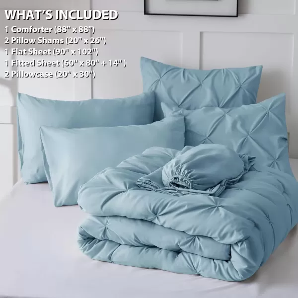 imageCozyLux Queen Comforter Set  7 Pieces Bed in A Bag Queen Black Comforters Queen Size Pintuck Pinch Pleat Complete Bedding Sets with Comforter Flat Sheet Fitted Sheet and Pillowcases ampamp ShamsLight Blue