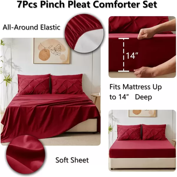imageCozyLux Queen Comforter Set  7 Pieces Bed in A Bag Queen Black Comforters Queen Size Pintuck Pinch Pleat Complete Bedding Sets with Comforter Flat Sheet Fitted Sheet and Pillowcases ampamp ShamsDark Red