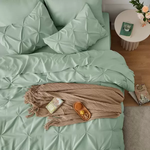 imageCozyLux Queen Comforter Set  7 Pieces Bed in A Bag Queen Black Comforters Queen Size Pintuck Pinch Pleat Complete Bedding Sets with Comforter Flat Sheet Fitted Sheet and Pillowcases ampamp ShamsSage Green