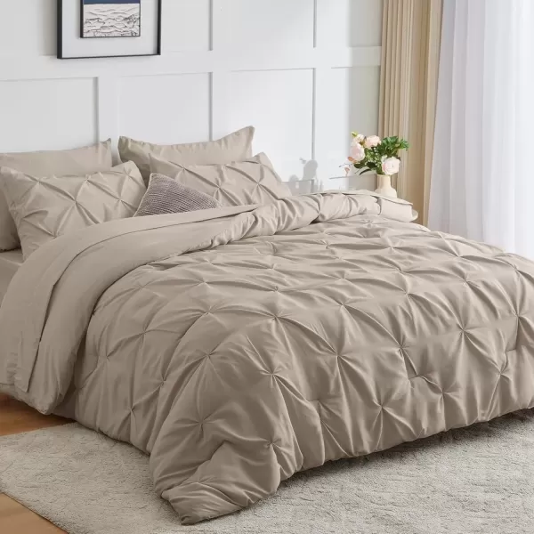imageCozyLux Queen Comforter Set  7 Pieces Bed in A Bag Queen Black Comforters Queen Size Pintuck Pinch Pleat Complete Bedding Sets with Comforter Flat Sheet Fitted Sheet and Pillowcases ampamp ShamsOatmeal