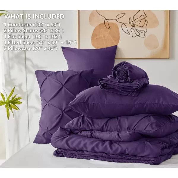 imageCozyLux Queen Comforter Set  7 Pieces Bed in A Bag Queen Black Comforters Queen Size Pintuck Pinch Pleat Complete Bedding Sets with Comforter Flat Sheet Fitted Sheet and Pillowcases ampamp ShamsPurple