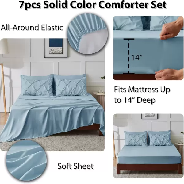 imageCozyLux Queen Comforter Set  7 Pieces Bed in A Bag Queen Black Comforters Queen Size Pintuck Pinch Pleat Complete Bedding Sets with Comforter Flat Sheet Fitted Sheet and Pillowcases ampamp ShamsLight Blue