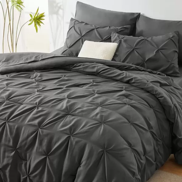 imageCozyLux Queen Comforter Set  7 Pieces Bed in A Bag Queen Black Comforters Queen Size Pintuck Pinch Pleat Complete Bedding Sets with Comforter Flat Sheet Fitted Sheet and Pillowcases ampamp ShamsDark Grey