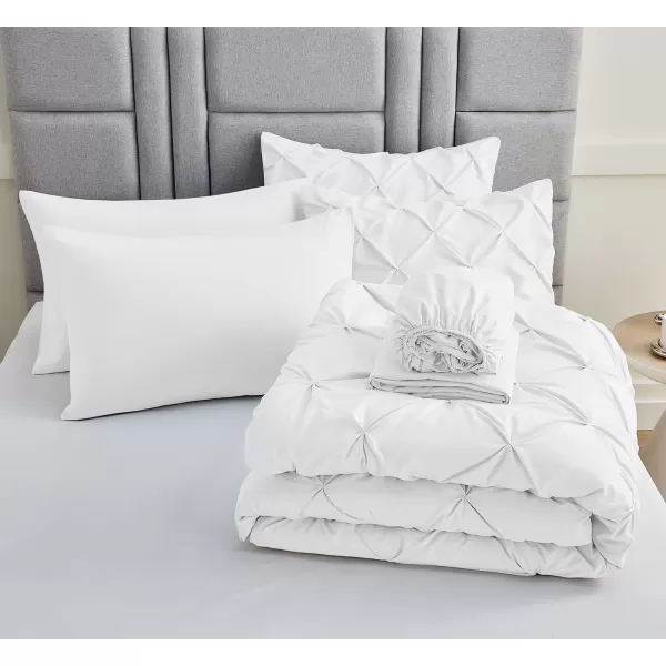 imageCozyLux Queen Comforter Set  7 Pieces Bed in A Bag Queen Black Comforters Queen Size Pintuck Pinch Pleat Complete Bedding Sets with Comforter Flat Sheet Fitted Sheet and Pillowcases ampamp ShamsWhite