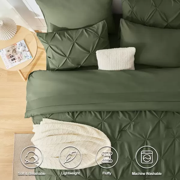 imageCozyLux Queen Comforter Set  7 Pieces Bed in A Bag Queen Black Comforters Queen Size Pintuck Pinch Pleat Complete Bedding Sets with Comforter Flat Sheet Fitted Sheet and Pillowcases ampamp ShamsOlive Green