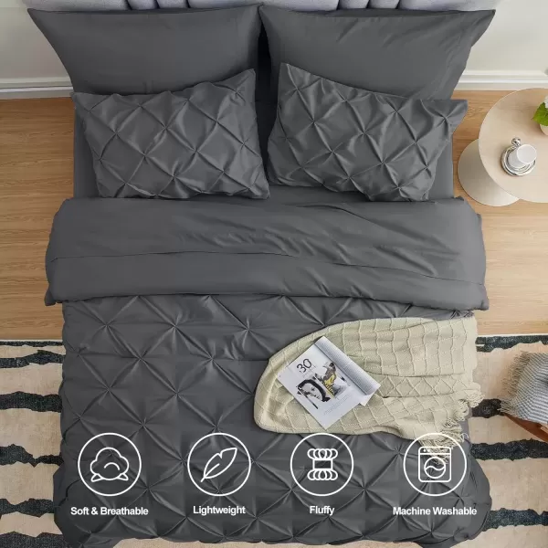 imageCozyLux Queen Comforter Set  7 Pieces Bed in A Bag Queen Black Comforters Queen Size Pintuck Pinch Pleat Complete Bedding Sets with Comforter Flat Sheet Fitted Sheet and Pillowcases ampamp ShamsDark Grey
