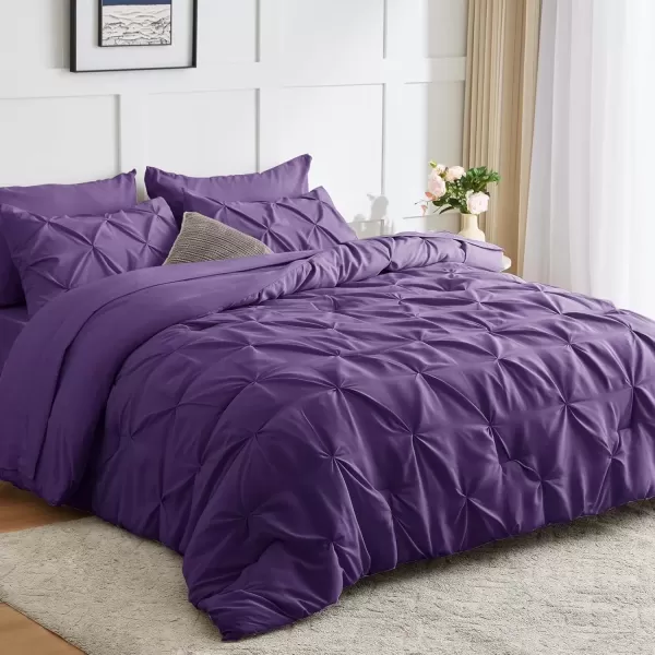 imageCozyLux Queen Comforter Set  7 Pieces Bed in A Bag Queen Black Comforters Queen Size Pintuck Pinch Pleat Complete Bedding Sets with Comforter Flat Sheet Fitted Sheet and Pillowcases ampamp ShamsPurple
